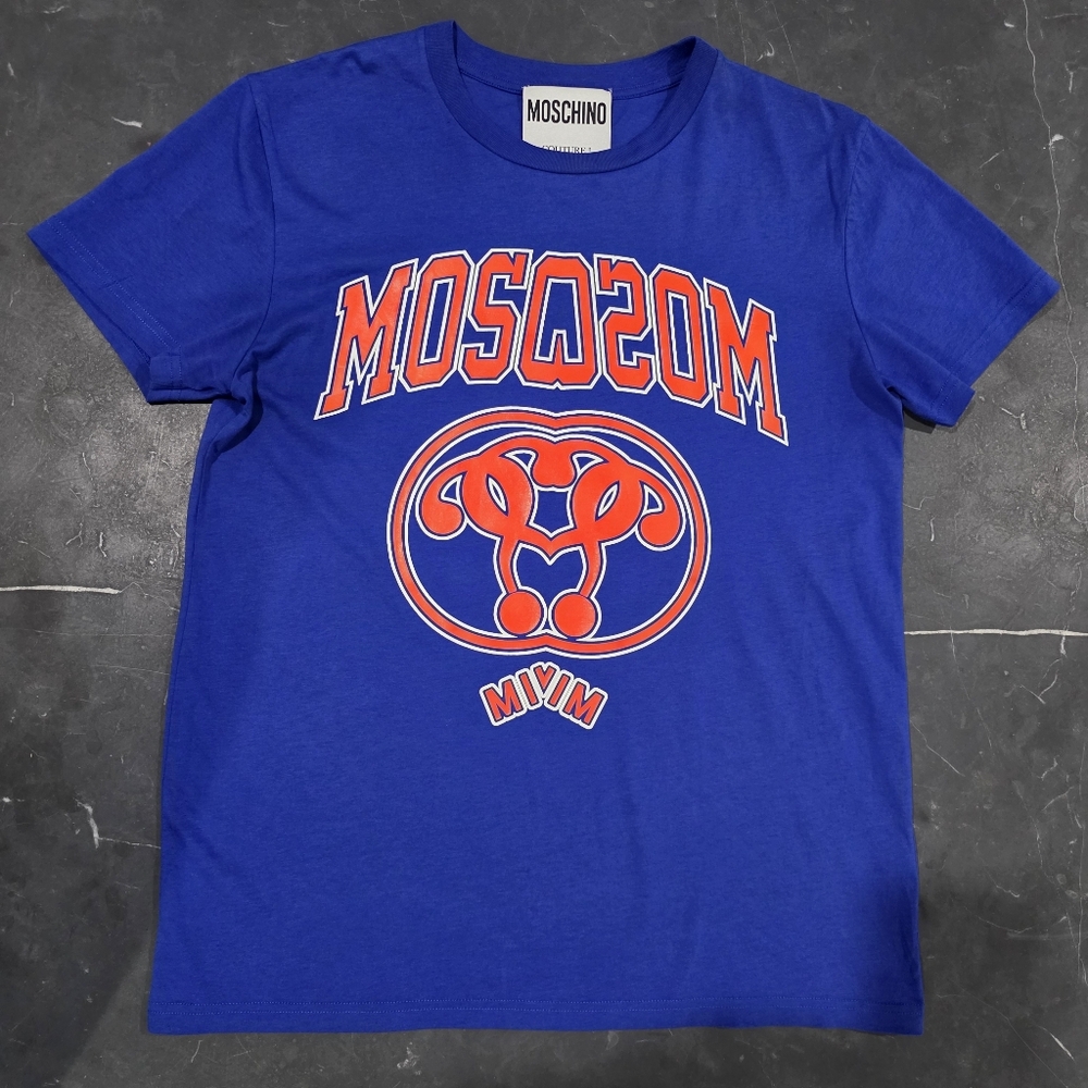 Moschino Blue Orange Logo Cotton Short Sleeve T‎ Shirt - Picture 2 of 6